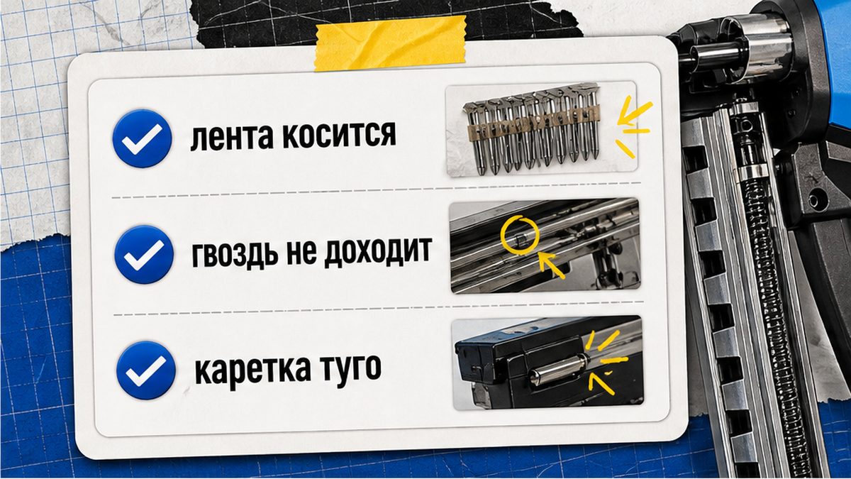 Чеклист симптомов: лента косится, гвоздь не доходит, каретка туго