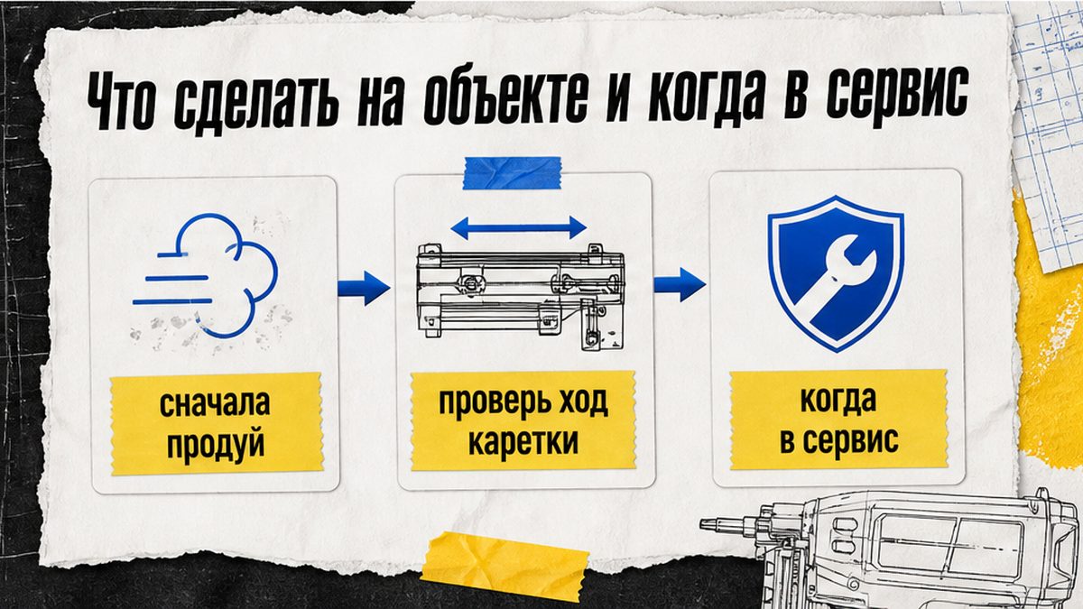 Схема: продуть магазин, проверить каретку, когда ехать в сервис