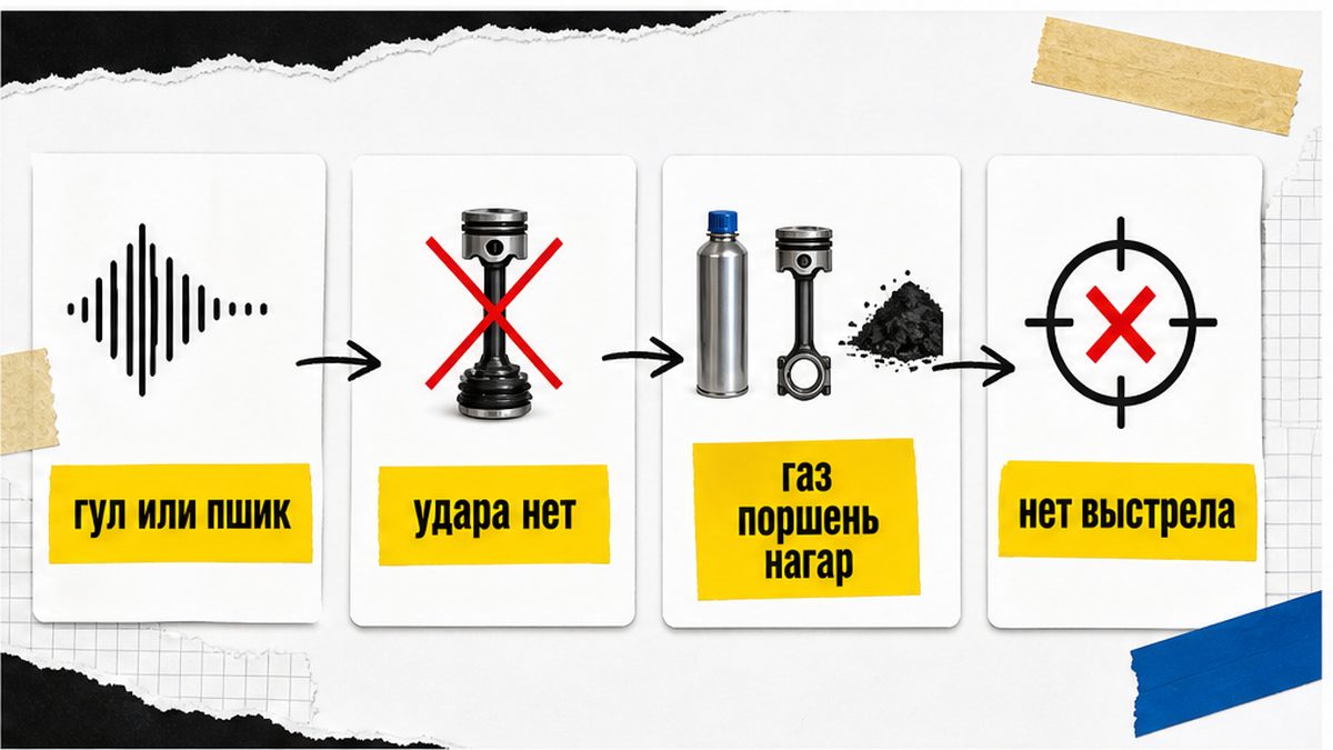 Схема симптома: гул или пшик есть, удара по гвоздю нет