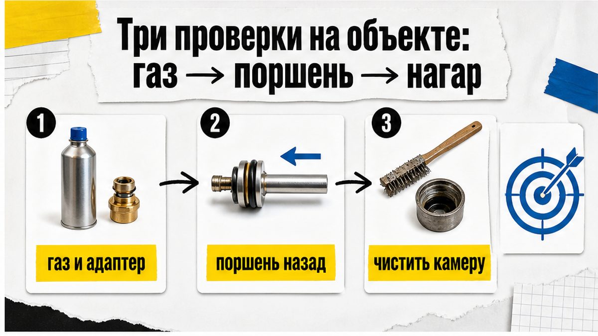 Схема трёх проверок на объекте: газ, поршень, нагар
