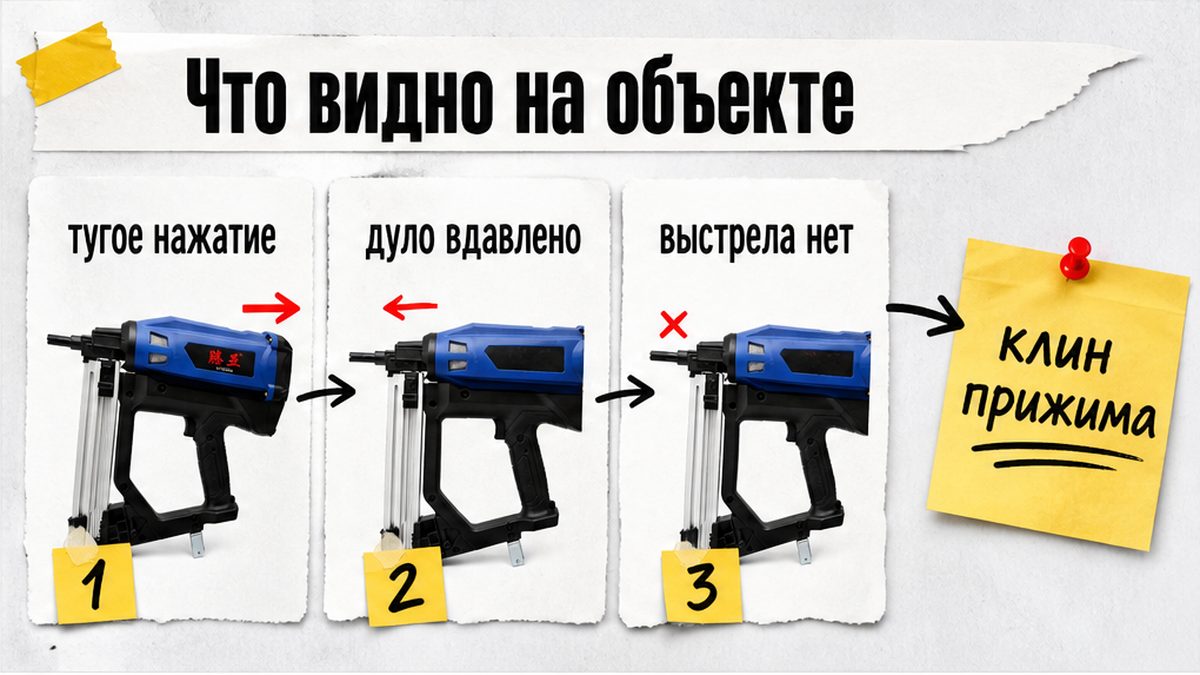 Схема симптомов: тугое нажатие, вдавленное дуло, выстрела нет