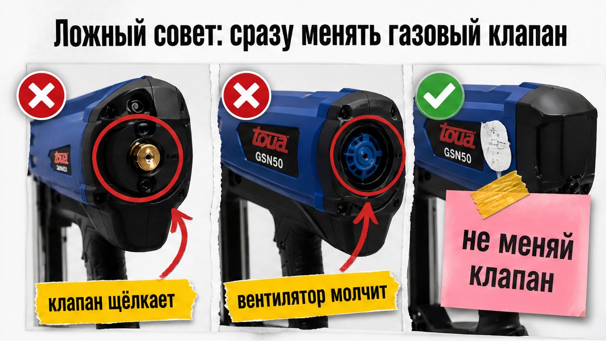 Сравнение на пистолете: клапан щёлкает, вентилятор молчит — не менять клапан первым