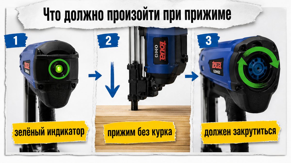 Схема на пистолете: зелёный индикатор, прижим без курка — вентилятор камеры должен закрутиться