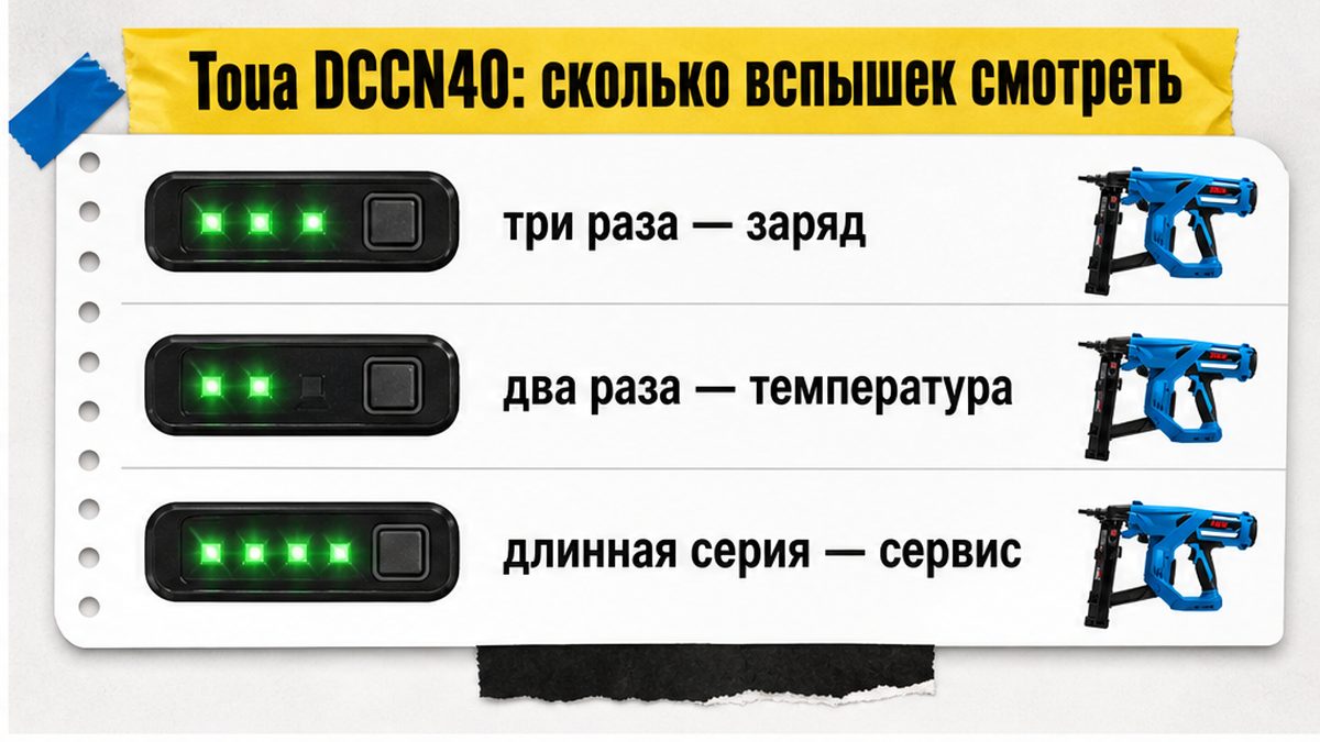 Коды мигания DCCN40: три — заряд, два — температура, длинная серия — сервис