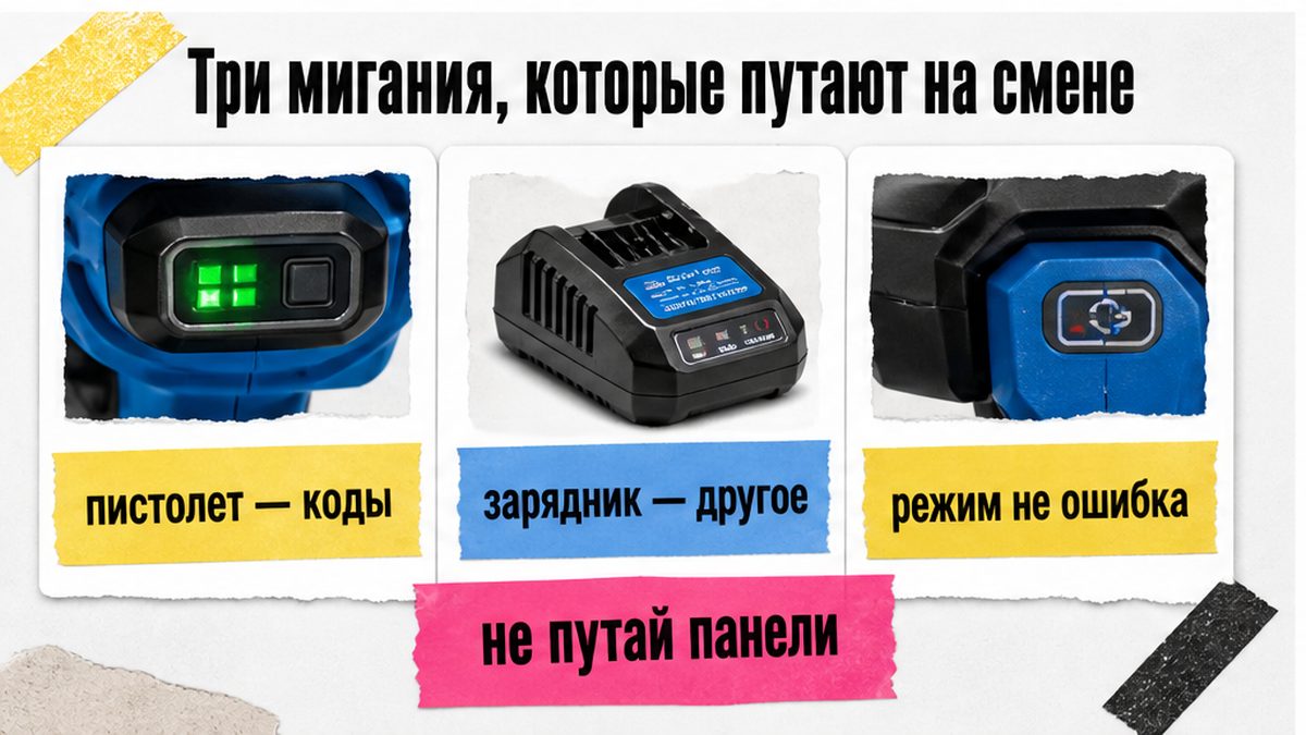 Три панели: коды на пистолете, сигналы зарядника и режим — не ошибка