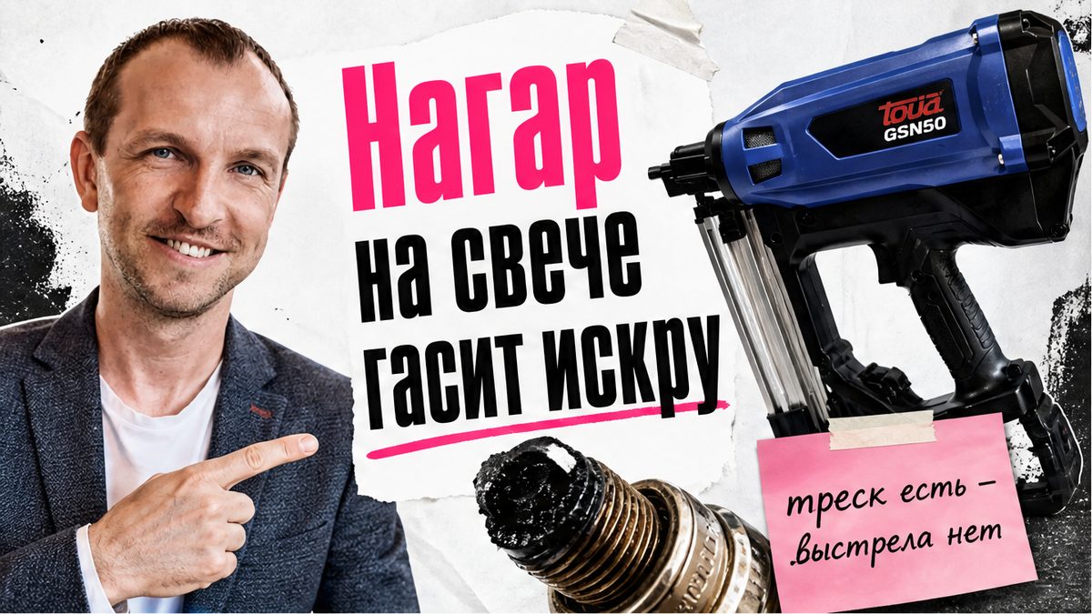 Иллюстрация: нагар на свече газового монтажного пистолета гасит искру
