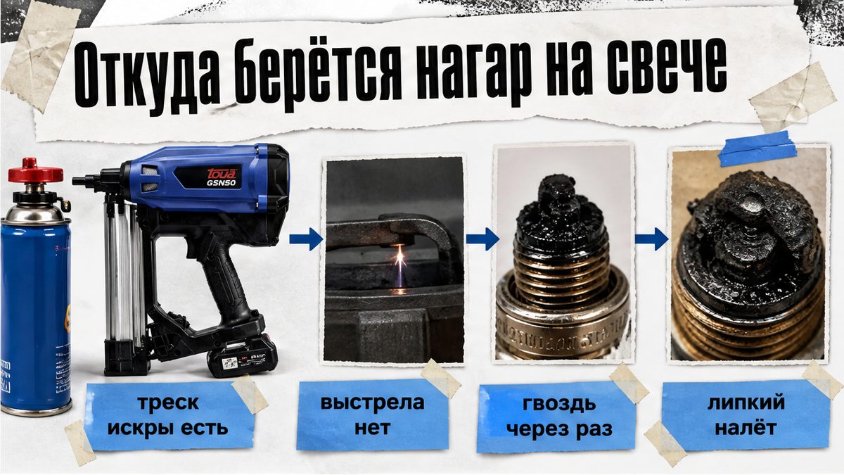 Схема: откуда берётся нагар на свече монтажного пистолета