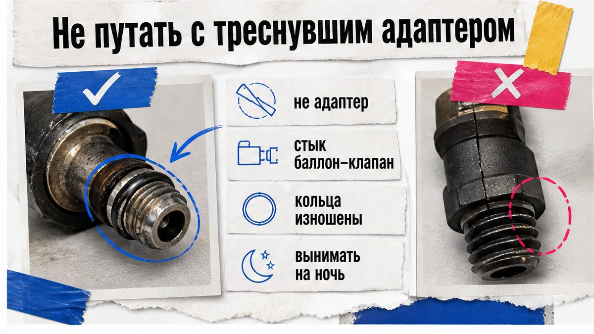 Сравнение: утечка на стыке баллон–клапан, не треснувший адаптер