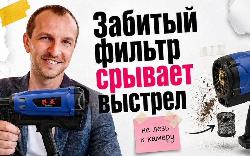 Иллюстрация: забитый воздушный фильтр монтажного пистолета срывает выстрел